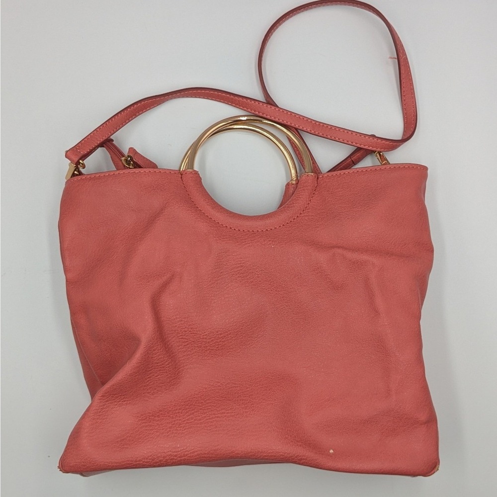 LC‎ Lauren Conrad Coral Pink Vegan Leather Satchel Handbag Gold Ring Party Retro